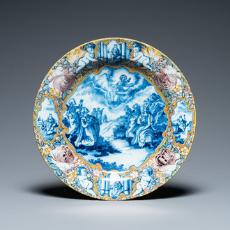 A fine Dutch Delft mixed technique 'biblical subject' dish, 18th C.