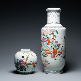 A Chinese famille rose 'immortals' vase and a jar with a lady and boys in a garden, Qianlong mark, Republic