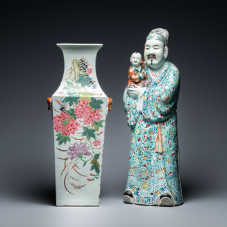 A square Chinese qianjiang cai vase and a 'star god' figure, 19/20th C.