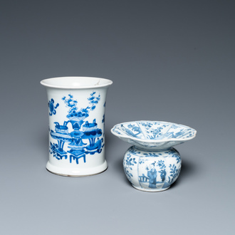 A Chinese blue and white brush pot and a spittoon, Kangxi