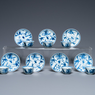 Seven Chinese blue and white cups and saucers, Kangxi