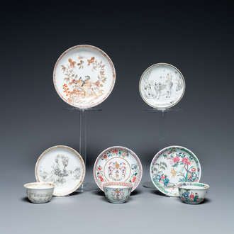 Five Chinese famille rose and grisaille saucers and three cups, Yongzheng