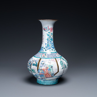 A Chinese Canton enamel bottle vase, Qianlong mark, 19th C.