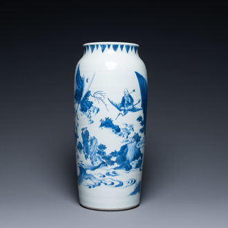 A Chinese blue and white 'Eight immortals in a rocky landscape' vase, Transitional period