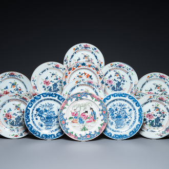 Sixteen Chinese blue and white, famille rose and Imari-style plates, Kangxi and later