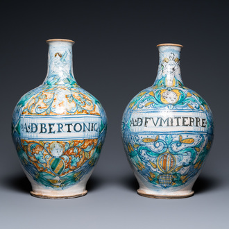 A pair of large polychrome Italian maiolica pharmacy bottles, Deruta, 17th C.