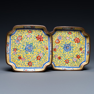 A pair of Chinese Canton enamel yellow-ground dishes, Qianlong mark, 18/19th C.