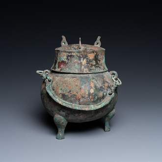 A Chinese bronze ritual tripod 'houlou' wine vessel and cover, western Han