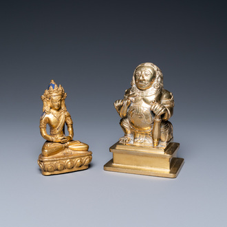 A Sino-Tibetan gilt bronze Buddha Amitayus and an Indian brass figure, 18/19th C.