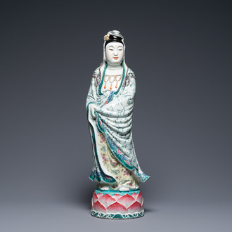 A large Chinese famille rose figure of Guanyin, Xue Chang Sen Zuo mark, Republic