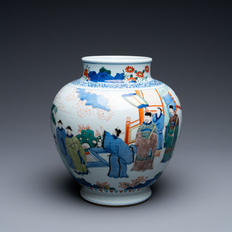 A Chinese globular wucai vase with narrative design, 19/20th C.