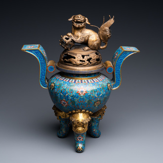 A large Chinese cloisonné tripod censer and cover, 19th C.