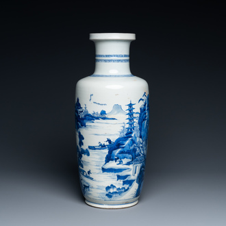 A Chinese blue and white rouleau vase with figures in a mountainous landscape, Kangxi