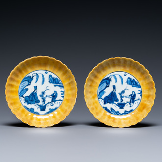 A pair of lobed Chinese blue and white yellow edge plates, 'hare' mark, Wanli