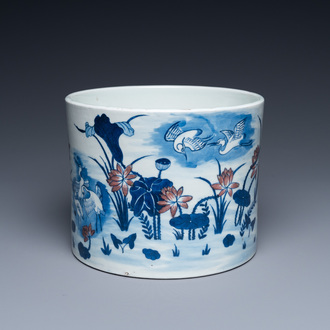 A large Chinese blue, white and copper-red brush pot, 19th C.