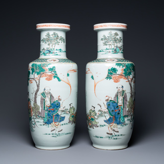 A pair of Chinese famille verte rouleau vases, Kangxi mark, 19th C.