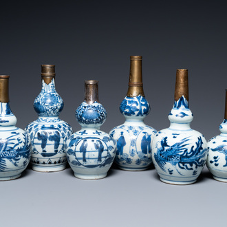 Six Chinese blue and white metal-mounted double gourd vases, Transitional period and later