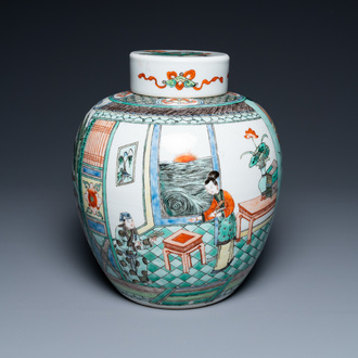 A large Chinese famille verte jar and cover, 19th C.