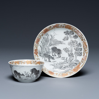 A Chinese grisaille cup and saucer with buffaloes, Yongzheng