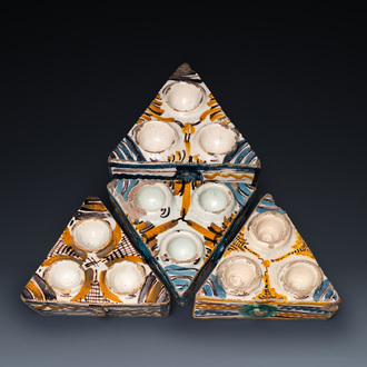 Four Spanish polychrome triangular spice boxes, Talavera, 18th C.