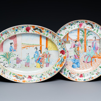 A fine oval Chinese Canton famille rose dish and a round dish, 19th C.