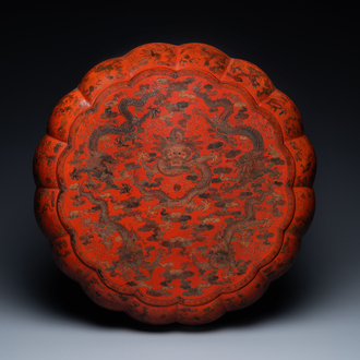 A large Chinese qiangjin and tianqi polychrome lacquer lobed 'dragon' box and cover, Kangxi/Qianlong