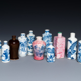 Eleven Chinese mostly blue and white snuff bottles, 19/20th C.