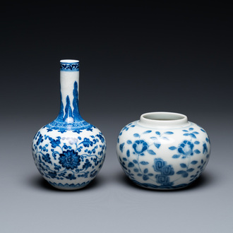 A Chinese blue and white 'soft paste' Ming-style bottle vase and a water pot, Qianlong and 19th C.