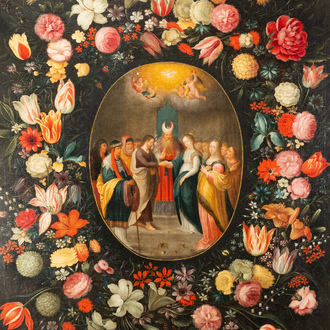 Andries Daniels (c. 1580-1640), attribué à: 'Le mariage de Marie et Joseph' dans un médaillon ovale entouré d'une guirlande florale, huile sur toile