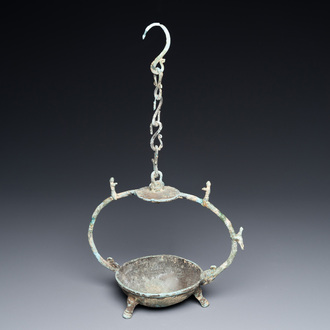 A Vietnamese bronze oil lamp with complete suspension chain, Dong Son, ca. 3rd/1st C. BC