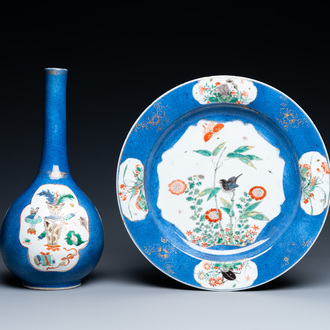 A Chinese famille verte powder blue vase and a dish, Kangxi