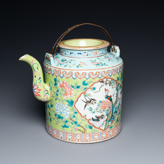 A large Chinese famille rose lime green-ground teapot for the Straits or Peranakan market, Guangxu mark and of the period