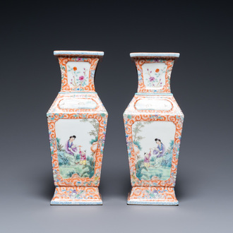 A pair of Chinese square famille rose vases, Qianlong mark, Republic