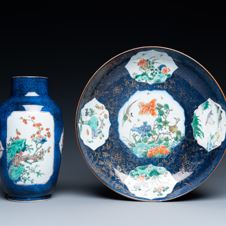 A Chinese famille verte powder blue-ground dish and a vase, Kangxi