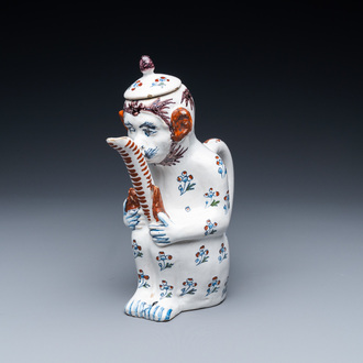 A rare Brussels faience monkey-shaped ewer and cover, 18th C.