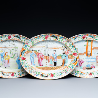 Three fine oval Chinese Canton famille rose dishes, 19th C.