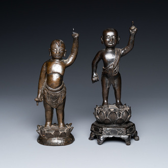 Two Chinese bronze figures of the infant Buddha, Ming