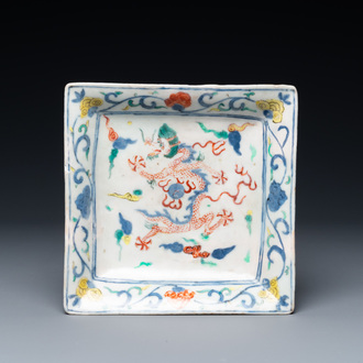 A Chinese square 'dragon' dish, Wanli mark and of the period