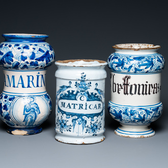 Two Italian and one Dutch Delft blue and white pharmacy jars, 17/18th C.