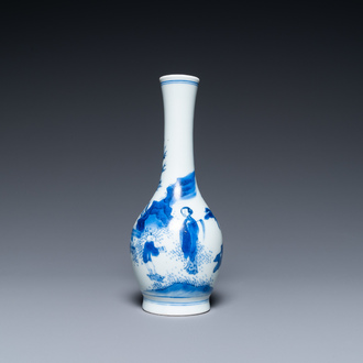 A Chinese blue and white bottle vase with a lady and her servant in a landscape, Transitional period