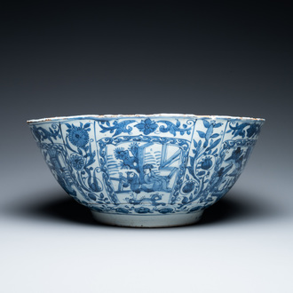 Un grand bol de type kraak en porcelaine de Chine en bleu et blanc, Wanli