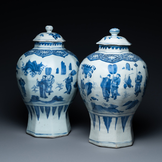 A pair of Chinese blue and white vases and covers with narrative design, Transitional period