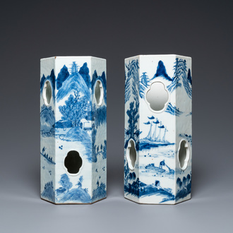 Two Chinese blue and white hexagonal hat stands with landscapes, 19th C.