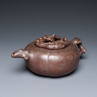 A Chinese melon-shaped Yixing stoneware teapot, signed Qi Tao (Wu Hanwen) and dated 1923