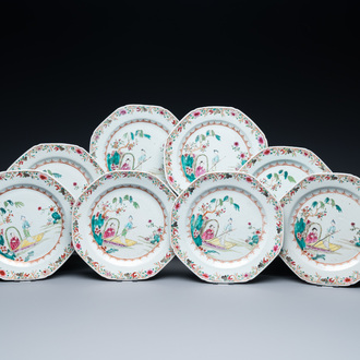 Eight Chinese octagonal famille rose plates with a boat on the water, Qianlong