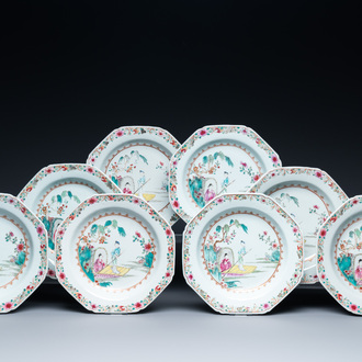 Eight octagonal Chinese famille rose plates with a boat on the water, Qianlong