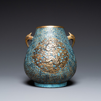 A Chinese 'robin's egg and imitation bronze'-glazed 'hu' vase, Qianlong mark, 19th C.