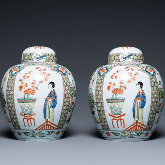 A pair of Kangxi-style famille verte jars and covers, Samson, France, 19th C.