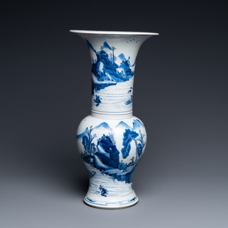 A Chinese blue and white 'yenyen' vase with fishermen in a mountainous landscape, Kangxi
