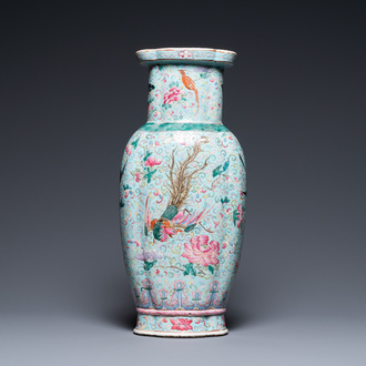 A Chinese famille rose turquoise-ground vase, 19th C.